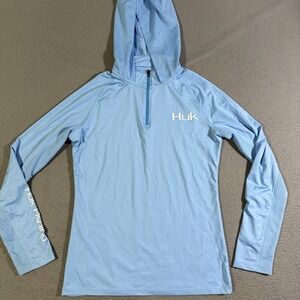Huk Fishing Quarter Zip Mens Small Blue Pullover Hoodie Sweatshirt Performance